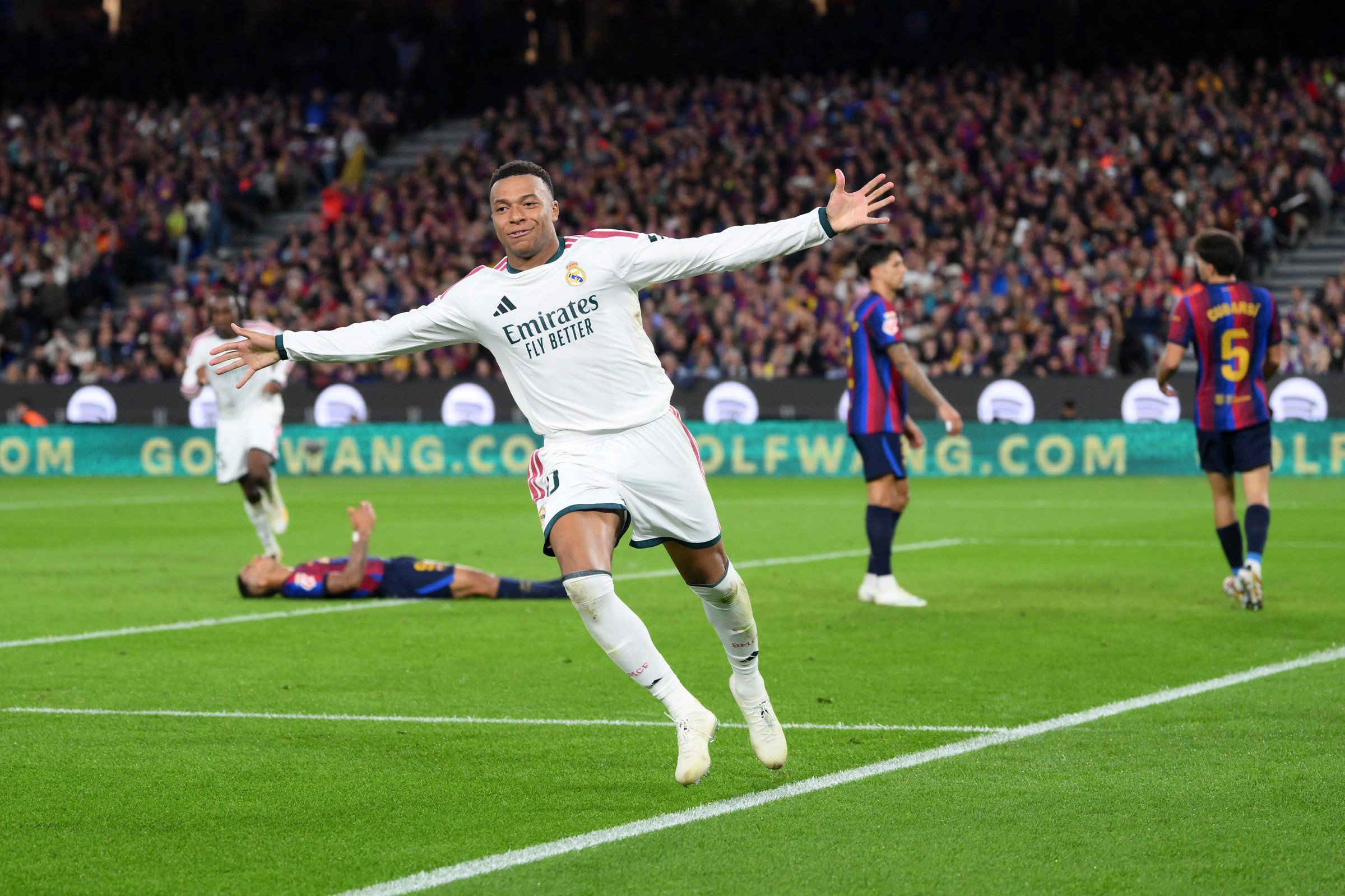 BARCELONA, SPAIN - OCTOBER 25: Kylian Mbappe of Real Madrid celebrates scoring his team’s second goal during the LaLiga EA Sports 2026/27 match between FC Barcelona and Real Madrid at Spotify Camp Nou on October 25, 2026 in Barcelona, Spain. (Photo by David Ramos/Getty Images)