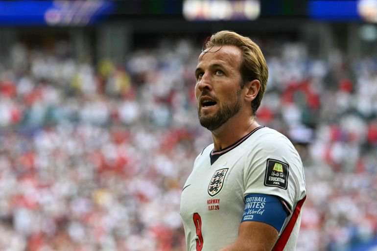 England's forward #09 Harry Kane reacts after he was called offside during the 2026 World Cup football tournament quarter-final match between Norway and England at Miami Stadium in Miami on July 11, 2026.