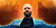 Custom image of Jason Statham in The Beekeeper standing in front of an orange background