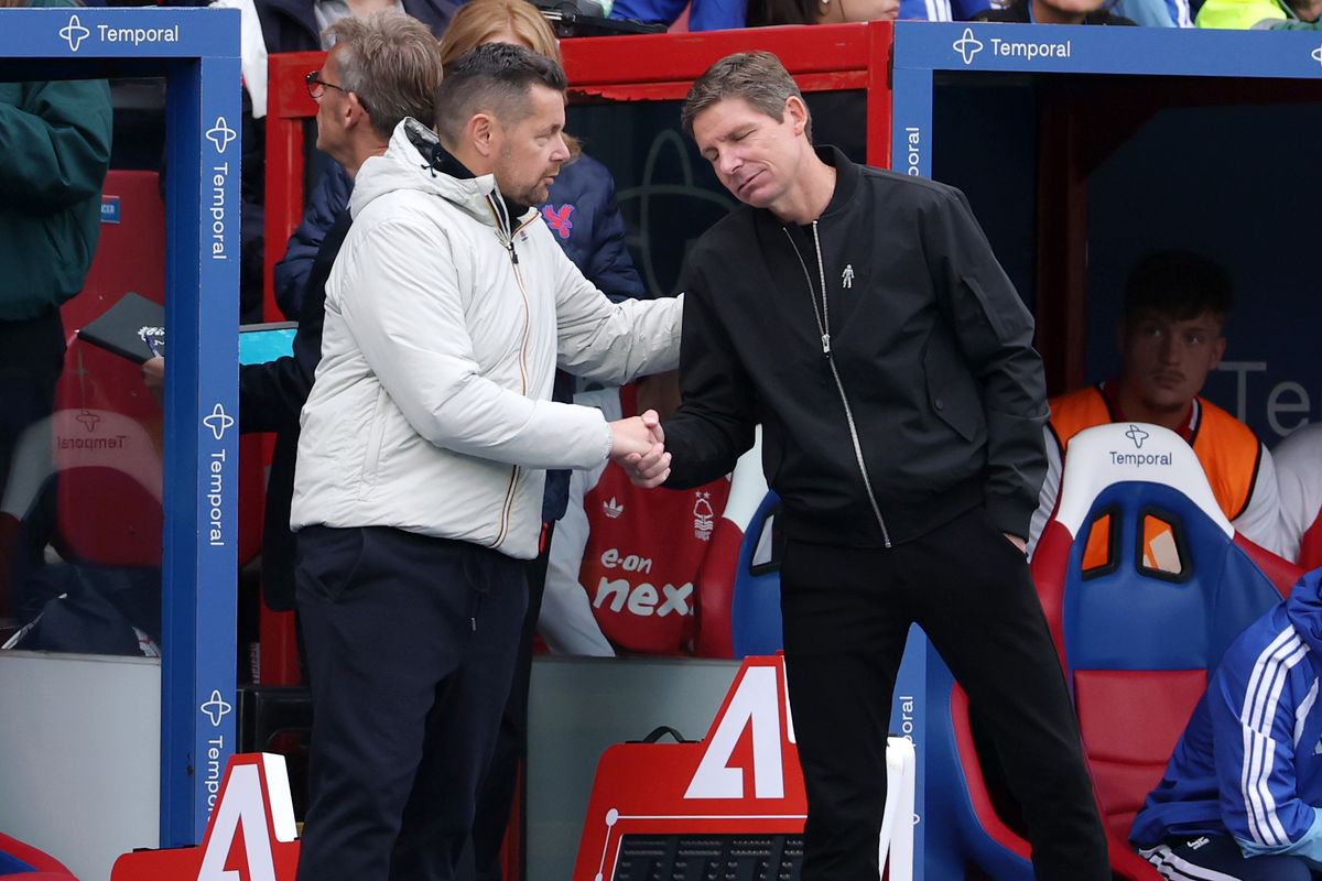 LONDON, ENGLAND - OCTOBER 11: Pierre Sage, Manager of Crystal Palace, interacts with Oliver Glasner, Manager of Nottingham Forest, after the Premier League 2026/27 match between Crystal Palace FC and Nottingham Forest FC at Selhurst Park on October 11, 2026 in London, England. (Photo by Justin Setterfield/Getty Images)