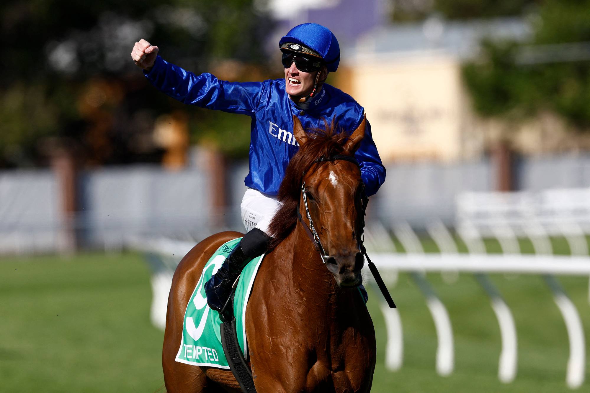 Chad Schofield pumps his fist in celebration after booting home Tempted in The Everest.