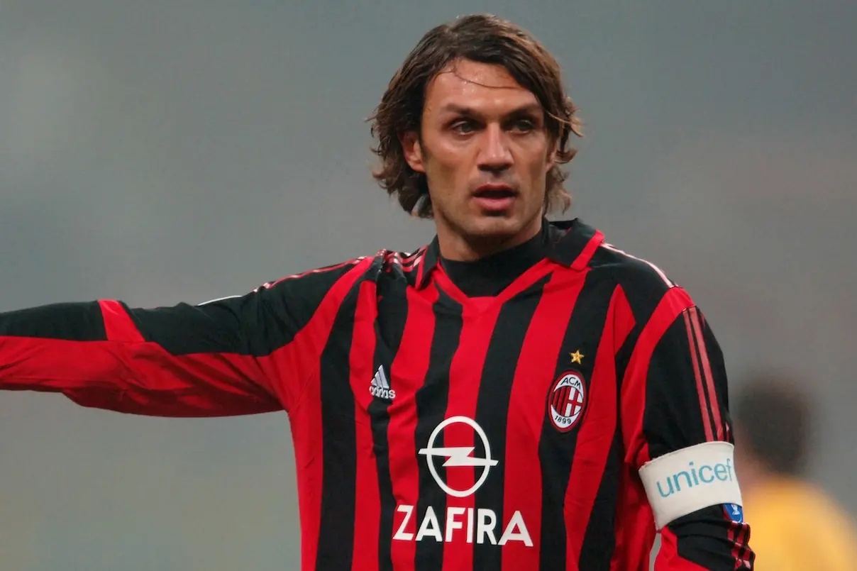 Paolo Maldini of AC Milan in action during the UEFA Champions League Group E match between AC Milan and Schalke 04.