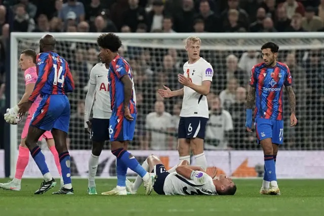 ottenham Hotspur's Dutch defender #37 Micky van de Ven reacts after being fouled