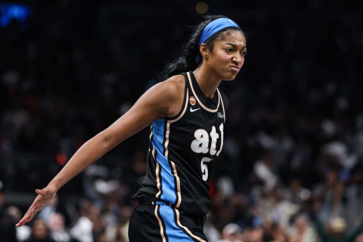 Oct 7, 2026; Atlanta, Georgia, USA; Atlanta Dream forward Angel Reese (5) reacts to a play against the New York Liberty during overtime of game two of the second round for the 2026 WNBA Playoffs at State Farm Arena. © Jordan Godfree-Imagn Images