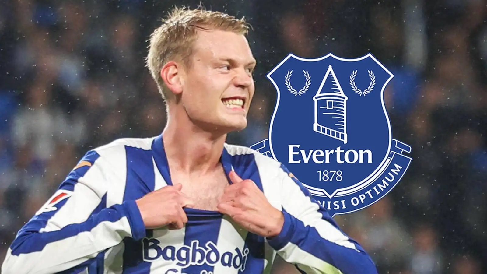 Orri Oskarsson with an Everton badge