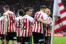 Dan Neil of Sunderland scores and celebrates the second goal during the Sky Bet Championship match between Sunderland and West Bromwich Albion at T...