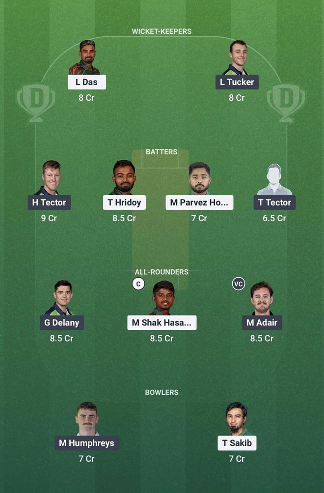 Screenshot from Dream11 app. Possible XIs, Fantasy Cricket Tips, Chattogram Pitch Report & Dream11 Prediction for BAN vs IRE 3rd T20 2025 today.