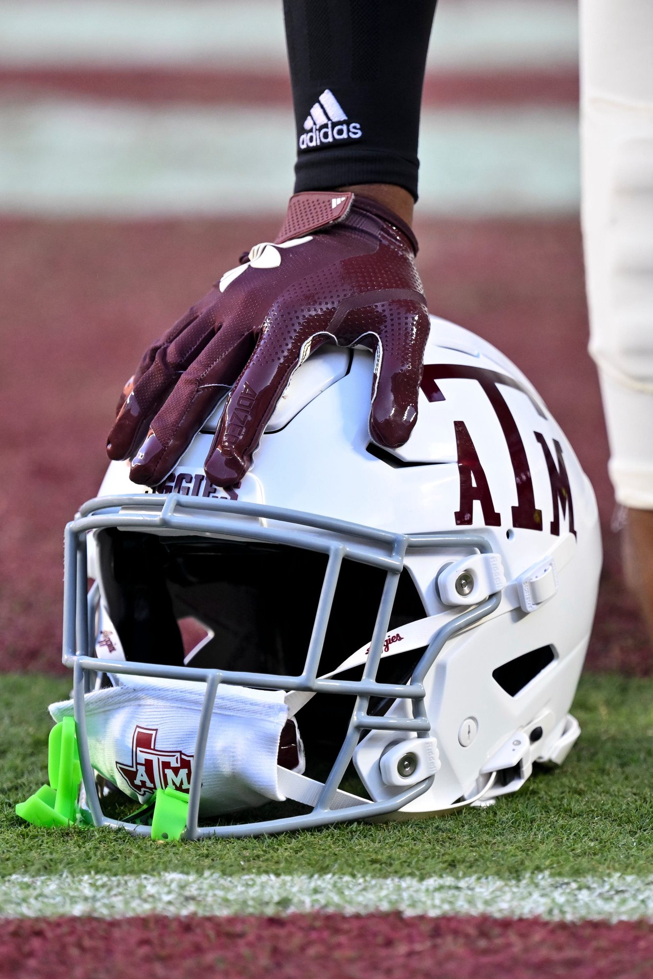 Oct 11, 2025; College Station, Texas, USA; A detail view of Texas A&M Aggies safety Bryce Anderson helmet prior to the game against the Florida Gators at Kyle Field. Mandatory Credit: Maria Lysaker-Imagn Images