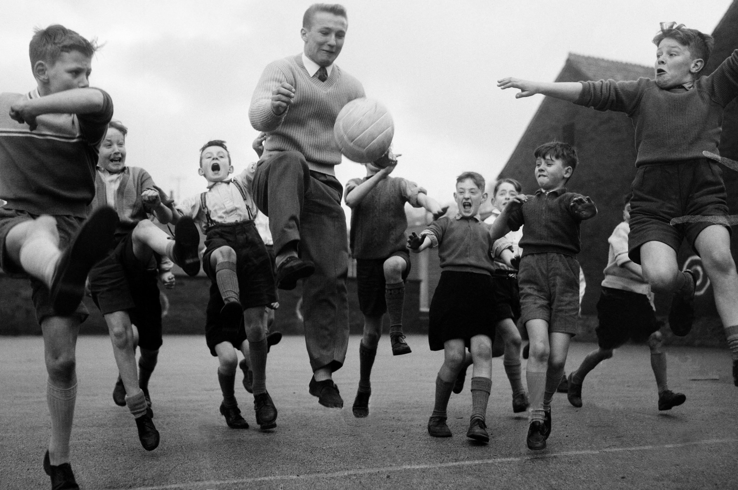 Dobing and the boys of St Bartholomew's School, Blackburn, in 1960