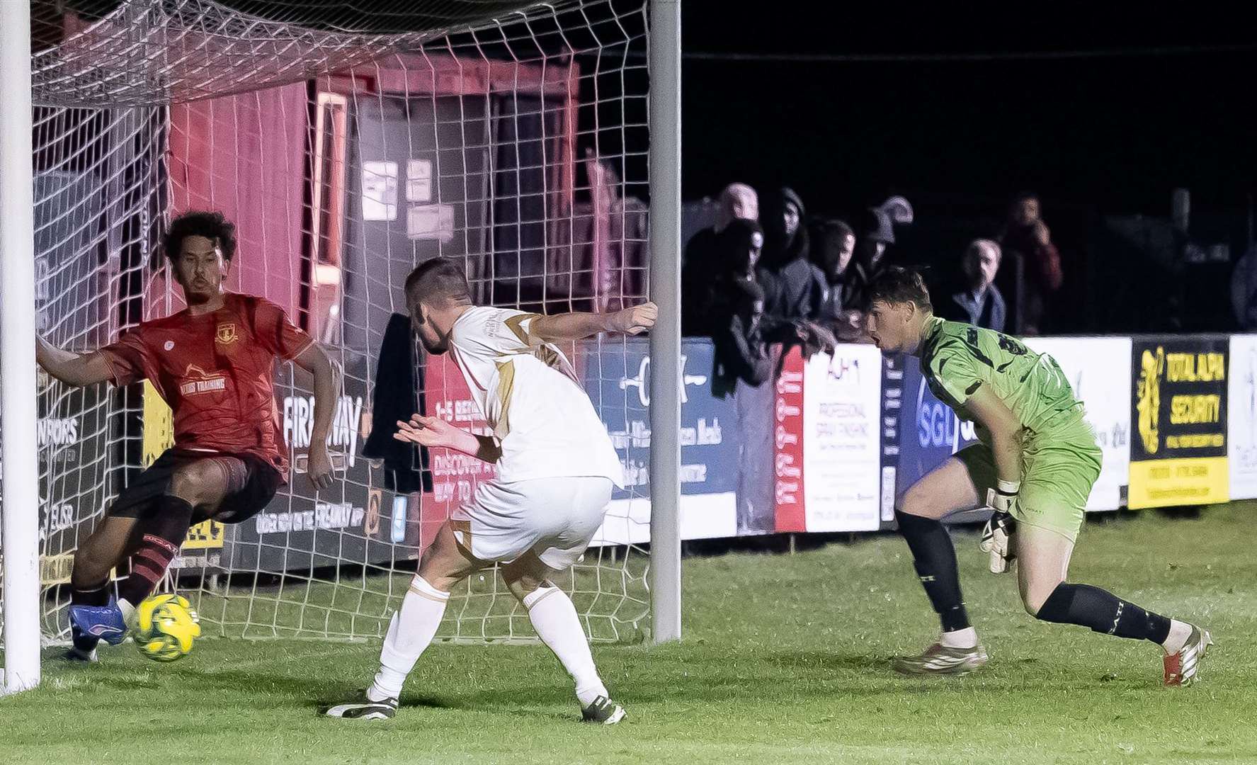 Two-goal Kane Rowland converts for the Oystermen at Sittingbourne. Picture: Les Biggs