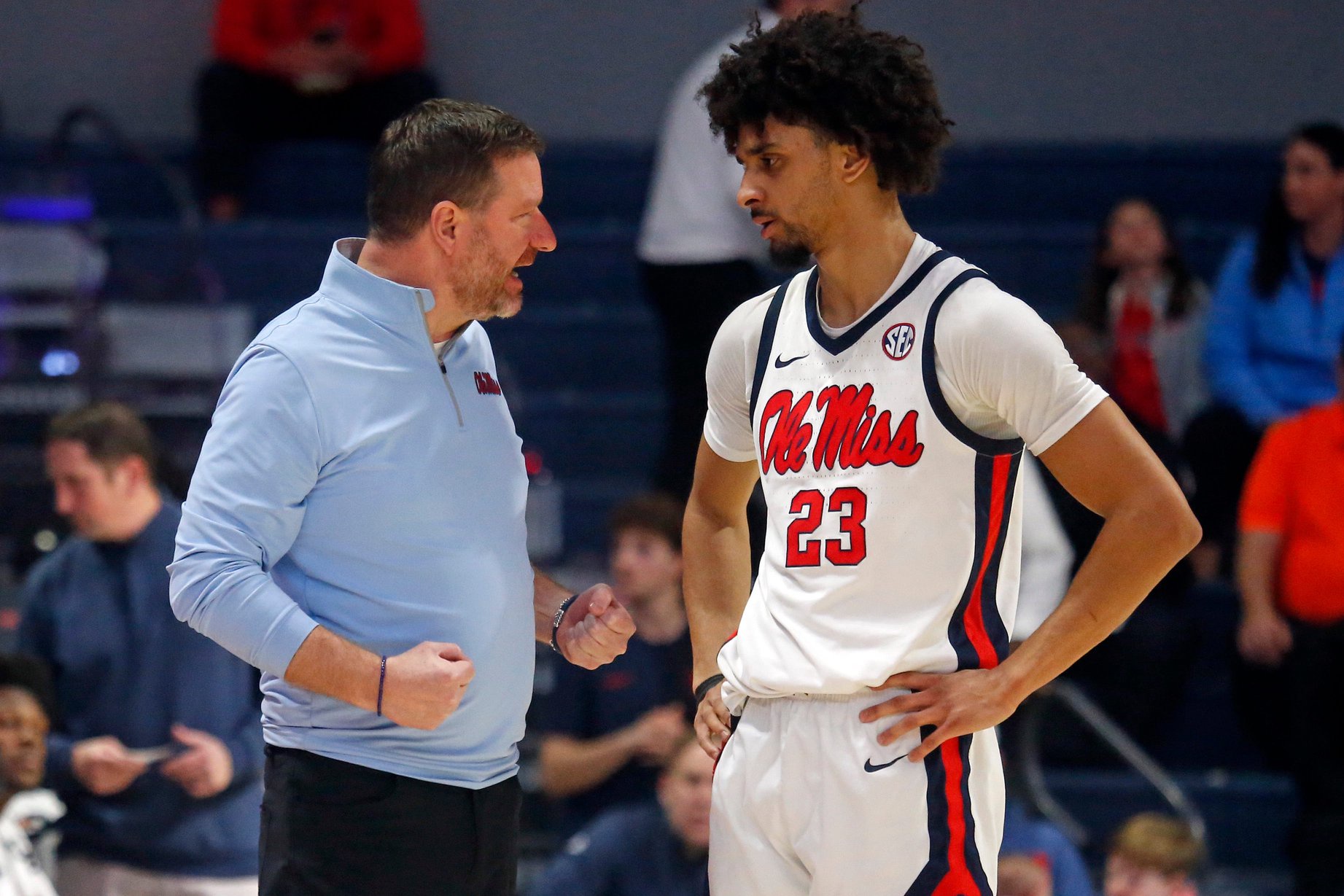 Feb 21, 2026; Oxford, Mississippi, USA; Mississippi Rebels head coach Chris Beard talks with guard Patton Pinkins (23) during the second half against the Florida Gators at The Sandy and John Black Pavilion at Ole Miss. Mandatory Credit: Petre Thomas-Imagn Images