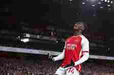 Eddie Nketiah of Arsenal reacts during the Premier League match between Arsenal FC and Luton Town at Emirates Stadium on April 3, 2024 in London, E...