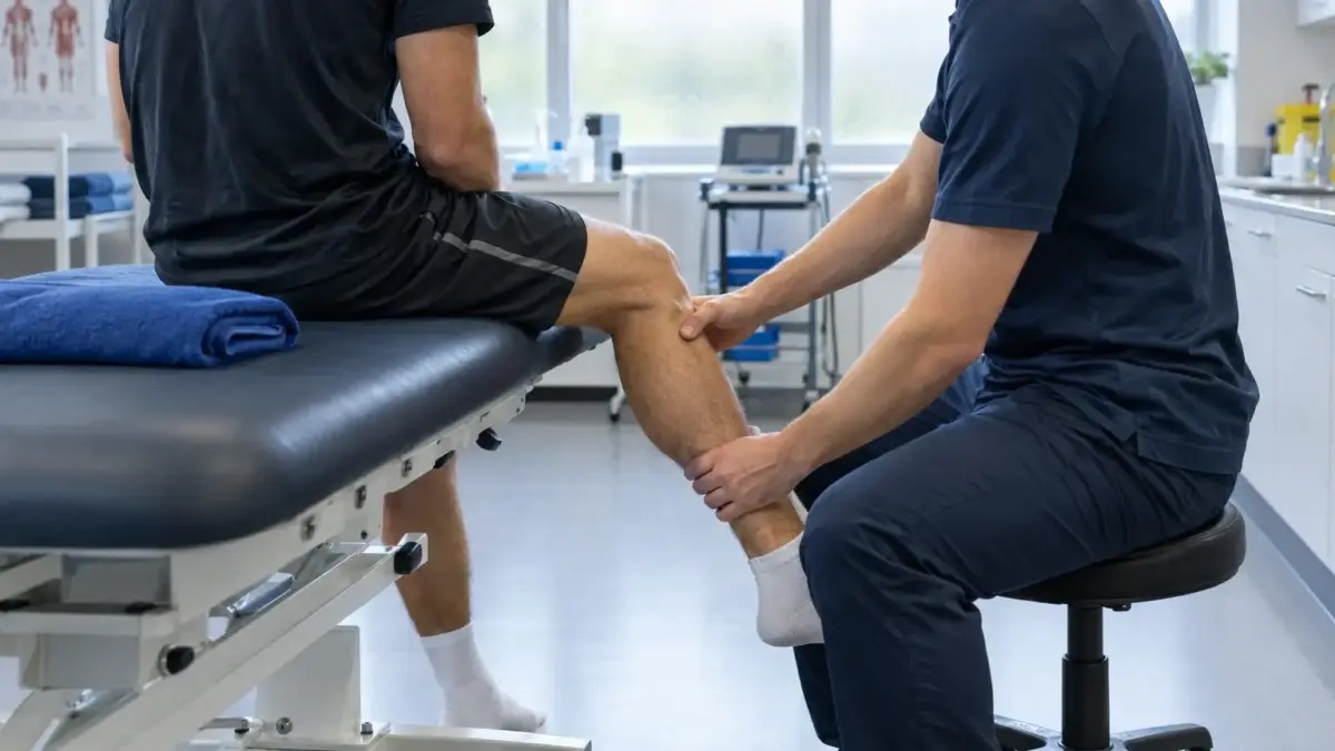 Anonymous footballer undergoing a lower-leg assessment in a club medical room