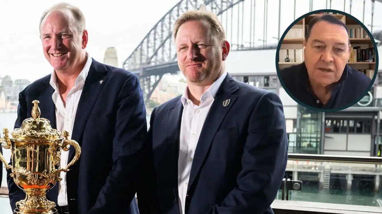 World Rugby chair and CEO, Brett Robinson and Alan Gilpin, and All Blacks legend Sir Steve Hansen (inset).