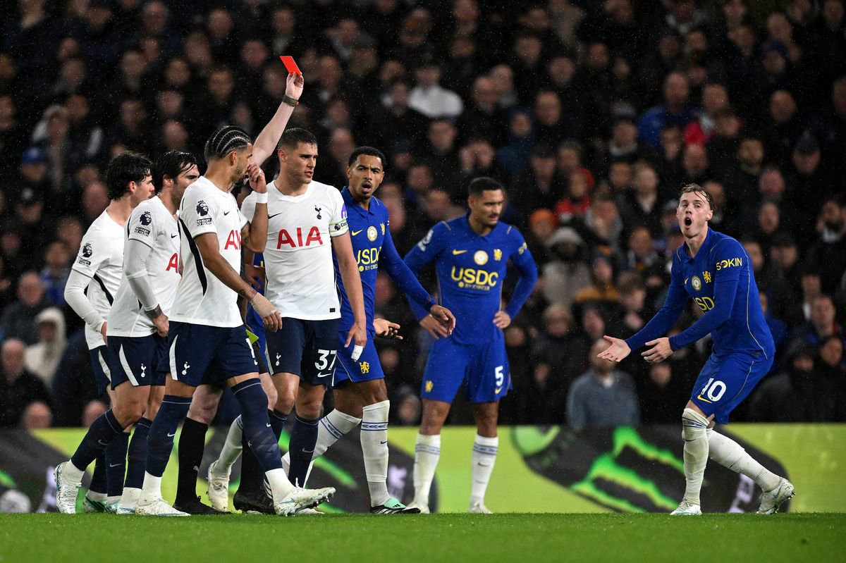 Cole Palmer of Chelsea reacts after being sent off 