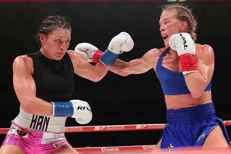 EL PASO, TEXAS - MAY 30: Stephanie Han (l) and Holly Holm trade punches during their WBA lightweight championship bout at El Paso County Coliseum on May 30, 2026 in El Paso, Texas. (Photo by Ed Mulholland/Getty Images)