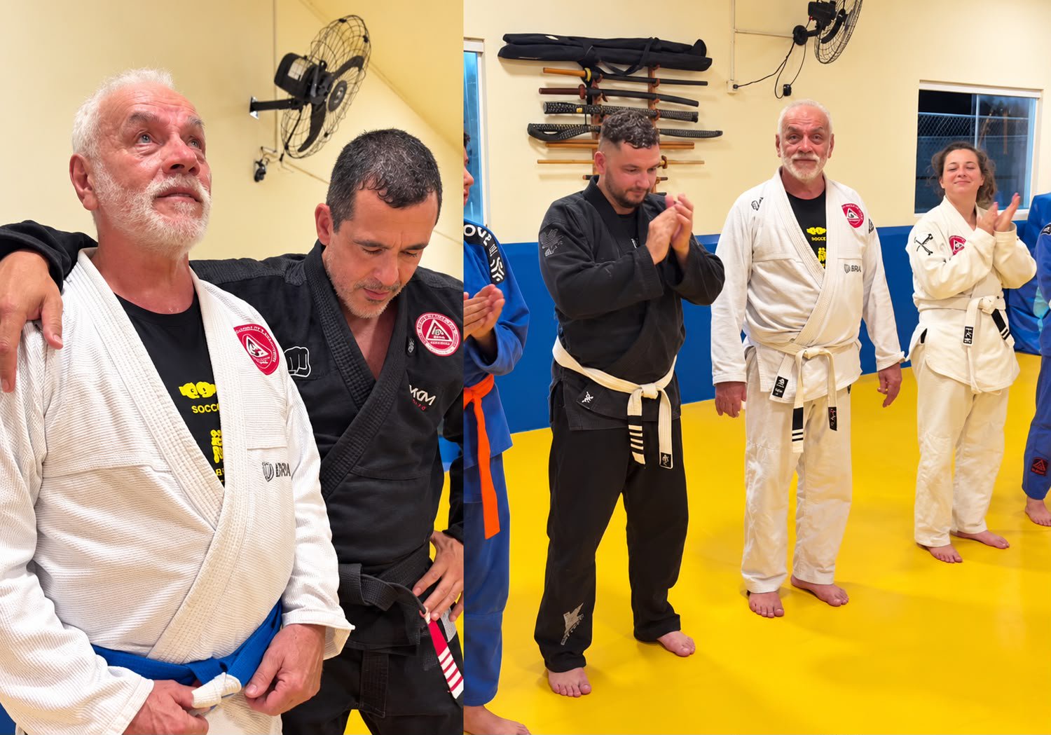 Seu Clodomir, de 69 anos, recebeu a faixa azul no jiu-jitsu e emocionou os colegas com um discurso sobre igualdade e respeito. Foto: Reprodução/Instagram @dojorufino_