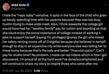 Tweet by Miss Nani (@Saweetie) expressing frustration with the &quot;nepo baby&quot; narrative. She details her hardworking background and shares achievements to inspire others