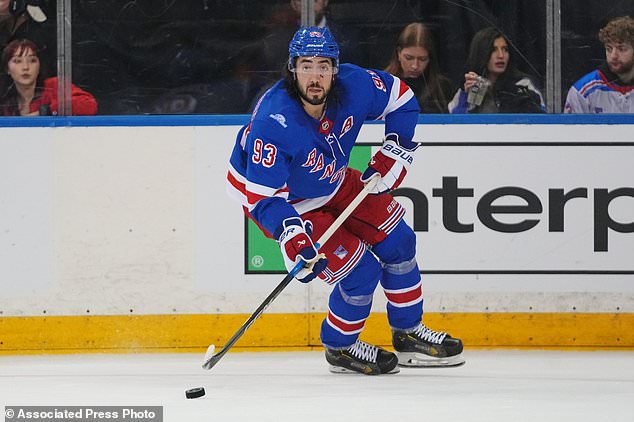 New York Rangers' Mika Zibanejad (93) looks to pass during the second period of an NHL hockey game against the Anaheim Ducks Monday, Oct. 19, 2026, in New York. (AP Photo/Frank Franklin II)