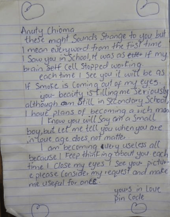 JSS1 student writes love letter to his beautiful teacher, Chioma