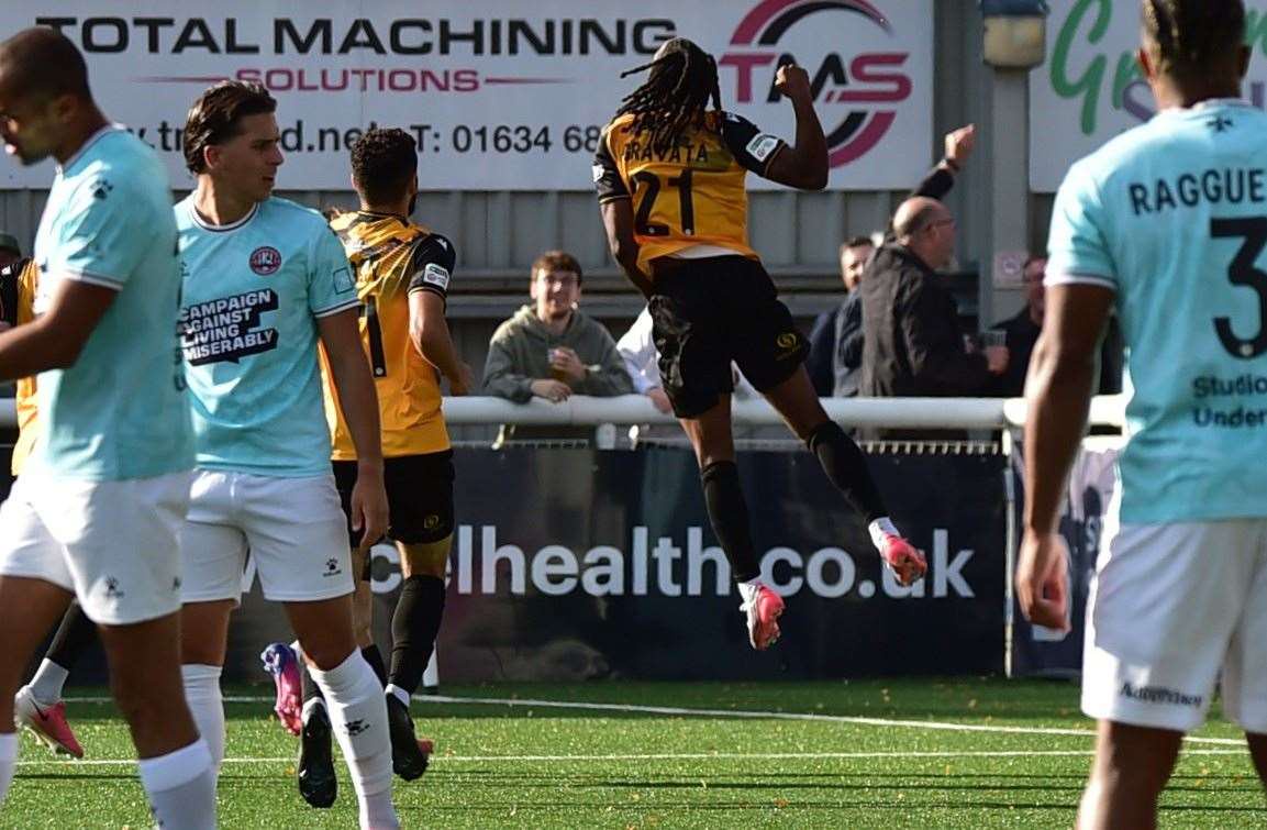 Leone Gravata jumps for joy after putting Maidstone in front. Picture: Steve Terrell