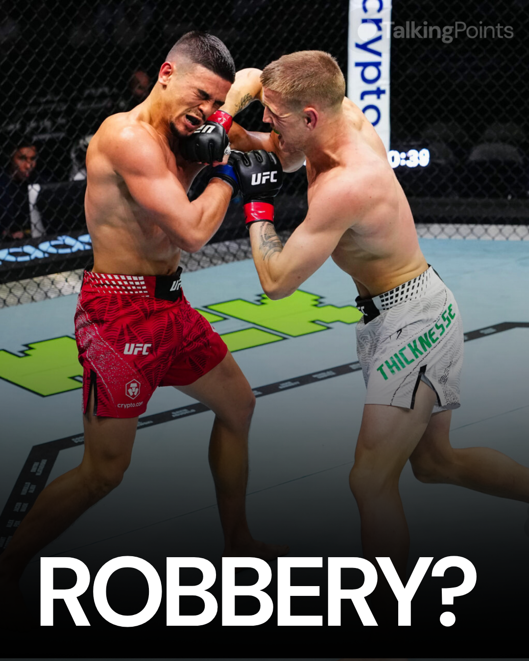 Colby Thicknesse elbows Asaf Chopurov at UFC 333