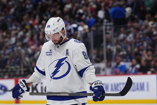 Tampa Bay Lightning right wing Nikita Kucherov waits for a face-off in the first period of an NHL hockey game against the Colorado Avalanche, Friday, Oct. 23, 2026, in Denver. (AP Photo/David Zalubowski)