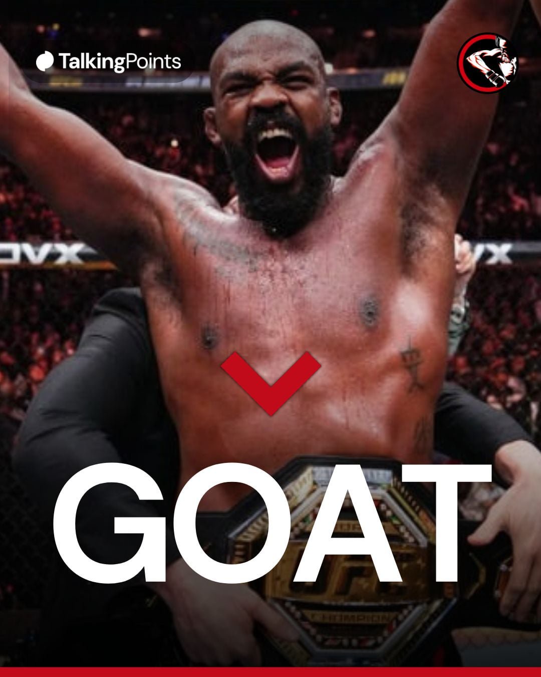 Jon Jones celebrates winning the heavyweight title at UFC 309