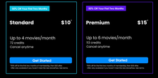 A screenshot of the pricing screen from MoviePass
