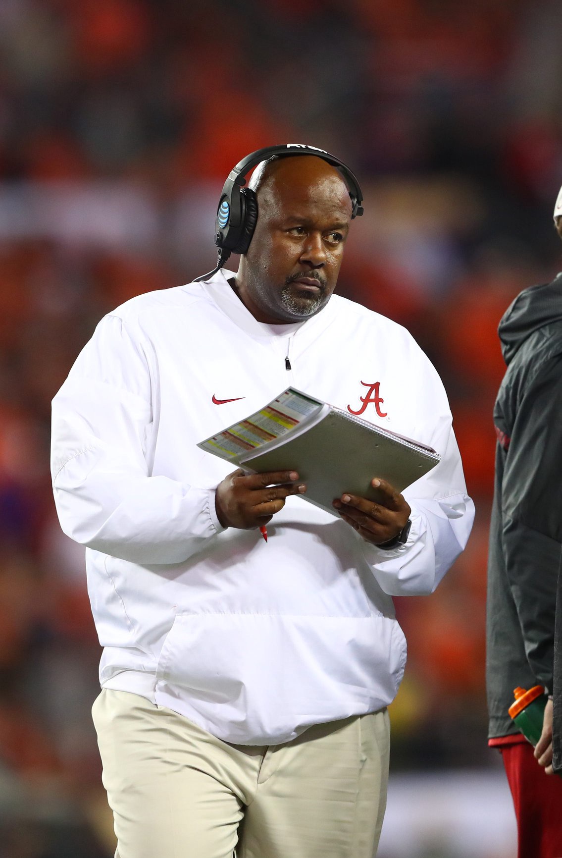 Jan 9, 2017; Tampa, FL, USA; Alabama Crimson Tide offensive analyst Mike Locksley in the 2017 College Football Playoff National Championship Game against the Clemson Tigers at Raymond James Stadium. Mandatory Credit: Mark J. Rebilas-USA TODAY Sports