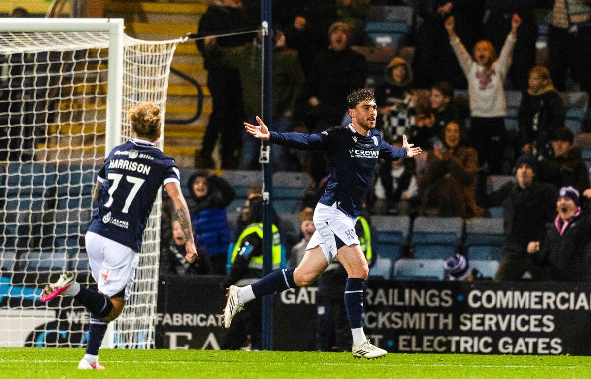 Dundee’s Callum Jones celebrates after scoring to make it 2-2
