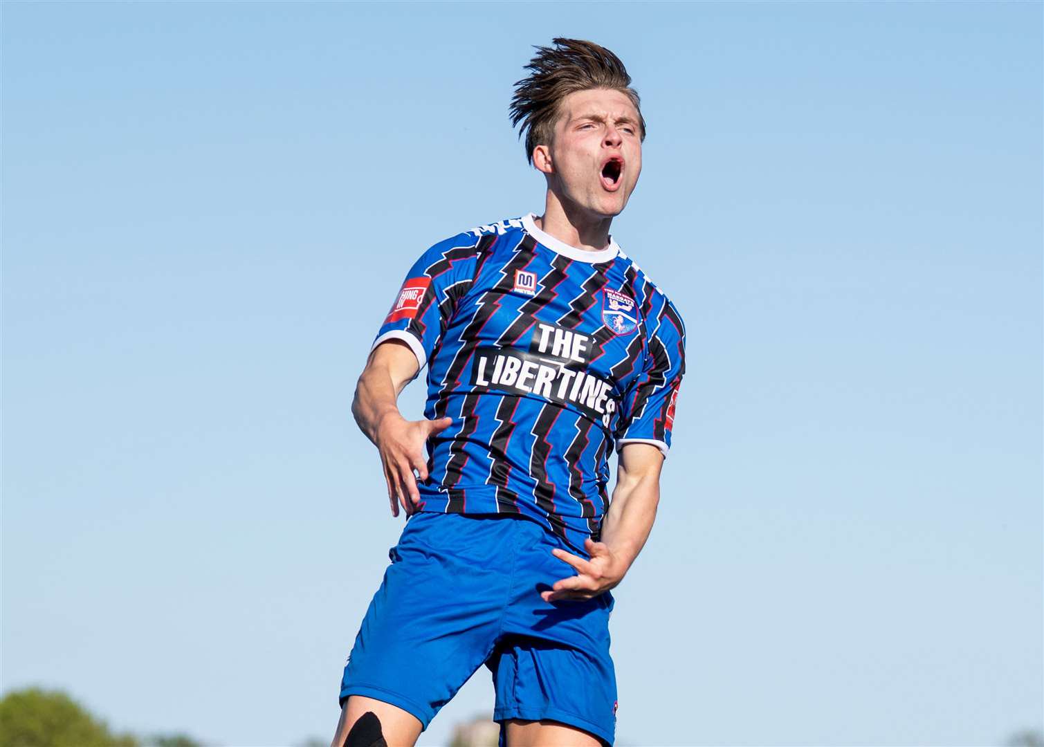 Dartford striker Louie Atkins celebrates a goal for Margate last season. Picture: Cadan Boynton (@cadanboyntonphotography)