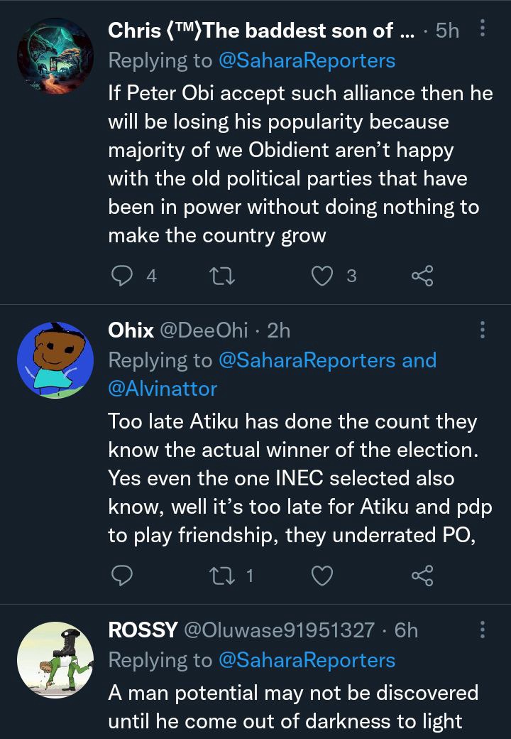 Reactions Trail Report By PDP Chieftain, Chidoka As He Reveals Atiku Is Seeking Alliance With Obi