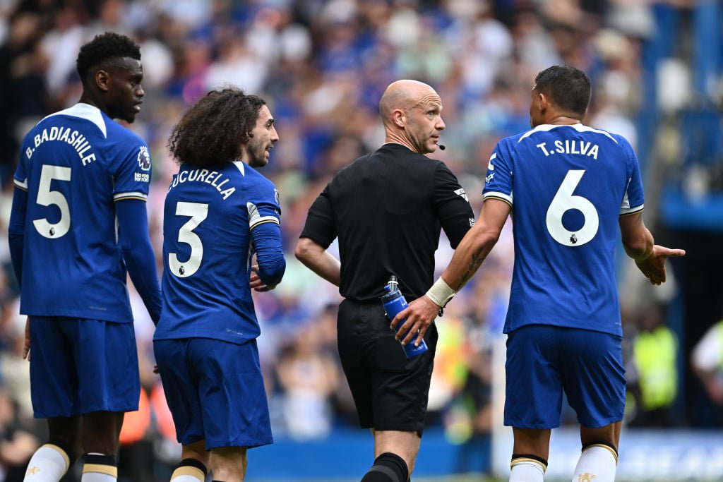 Thiago Silva of Chelsea interacts with Referee Anthony Taylor after teammate Marc Cucurella is fouled by Antoine Semenyo of AFC Bournemouth during ...