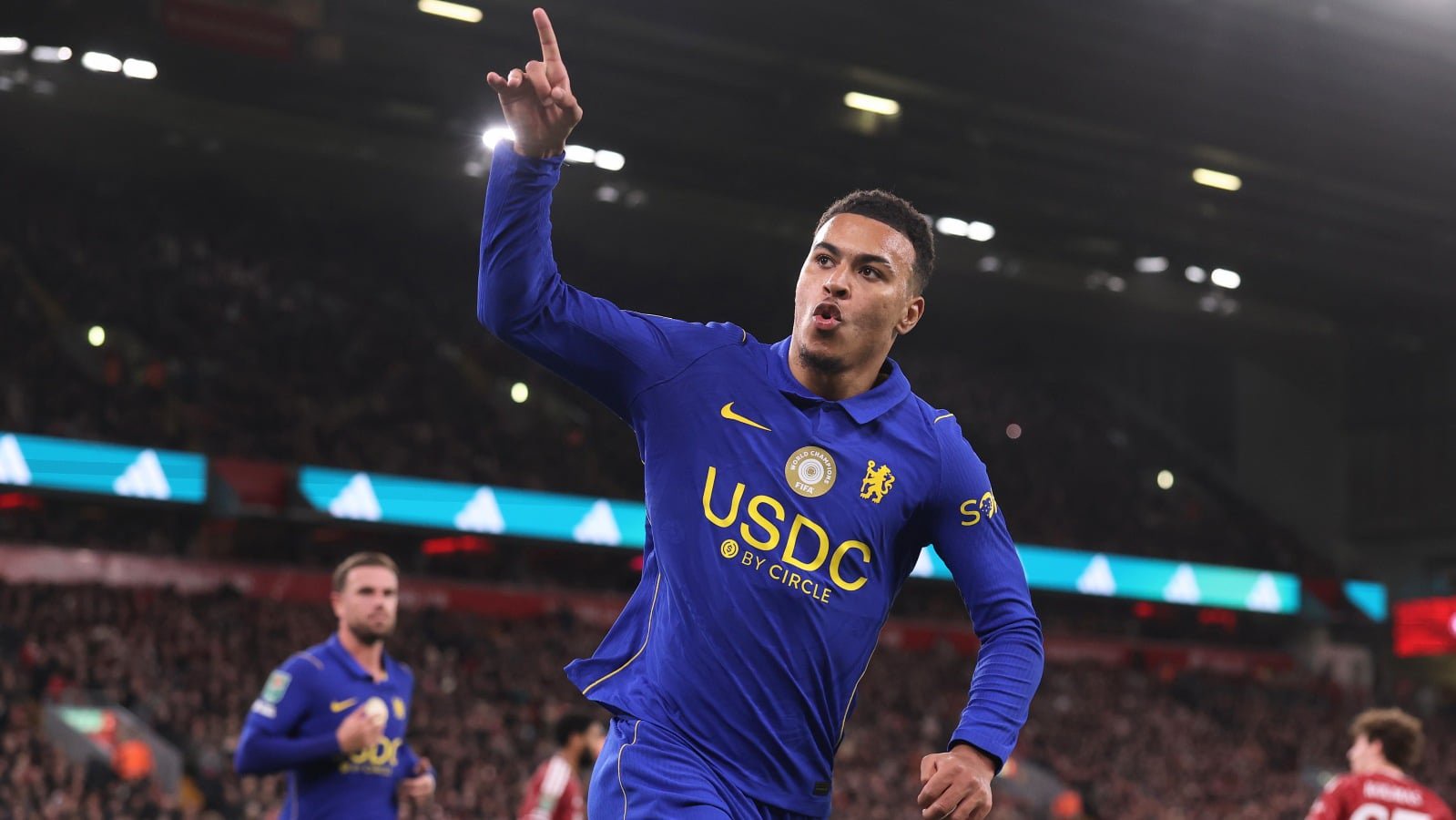 Morgan Rogers of Chelsea celebrates scoring against Liverpool in the Carabao Cup on Oct. 28, 2026 at Anfield, Liverpool