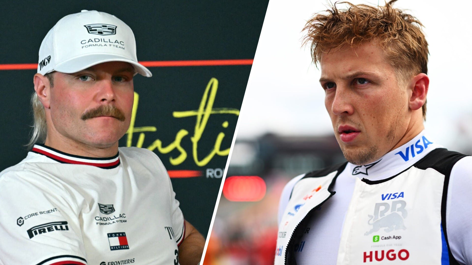 Valtteri Bottas of Cadillac sits in an F1 press conference; Liam Lawson of Racing Bulls on the US GP grid