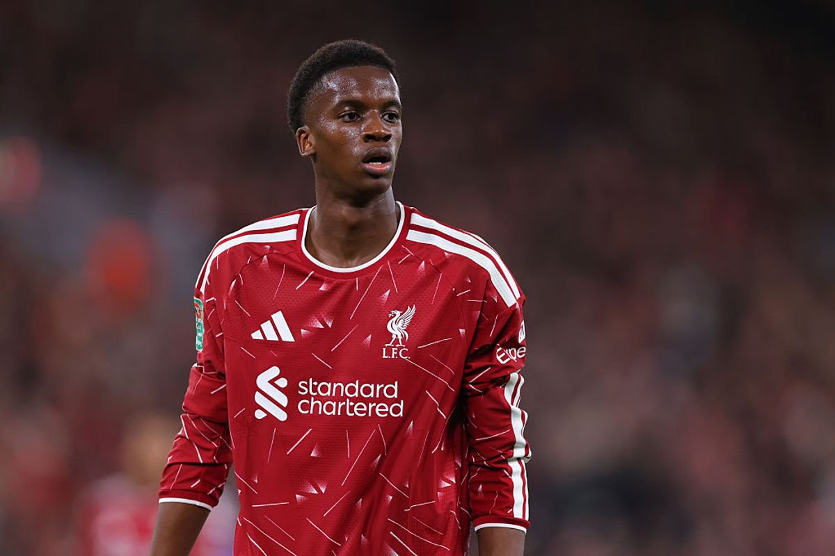 LIVERPOOL, ENGLAND - OCTOBER 28: Trey Nyoni of Liverpool during the Carabao Cup Fourth Round match between Liverpool and Chelsea at Anfield on October 28, 2026 in Liverpool, England. (Photo by Robbie Jay Barratt - AMA/Getty Images)