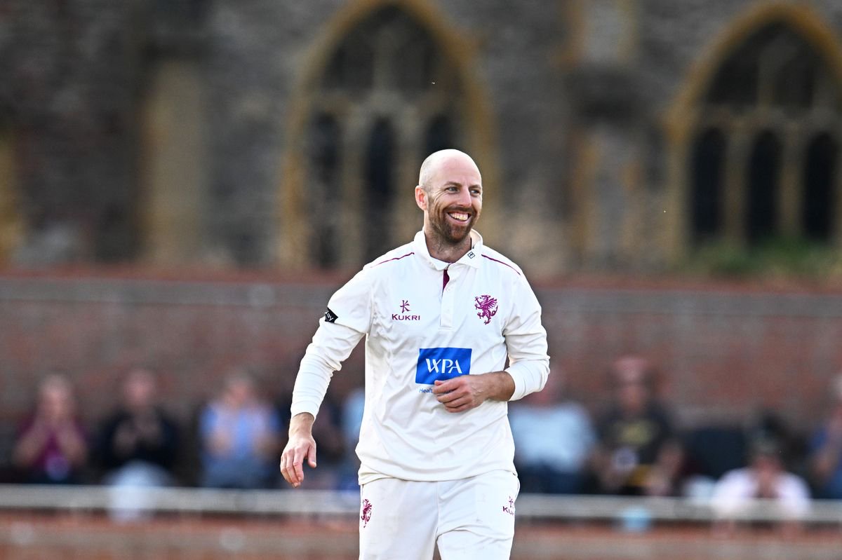 TAUNTON, ENGLAND - SEPTEMBER 25: Jack Leach of Somerset celebrates the wicket of Reece Topley of Surrey during Day Two of the Rothesay County Championship Division 1 match between Somerset and Surrey at The Cooper Associates County Ground on September 25, 2026 in Taunton, England. (Photo by Harry Trump/Getty Images)