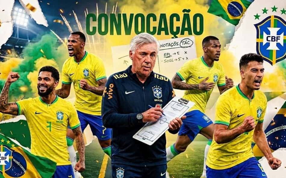 Ancelotti em convocação da seleção brasileira, cercado por jogadores em uniformes amarelos, com bandeiras e prancheta.