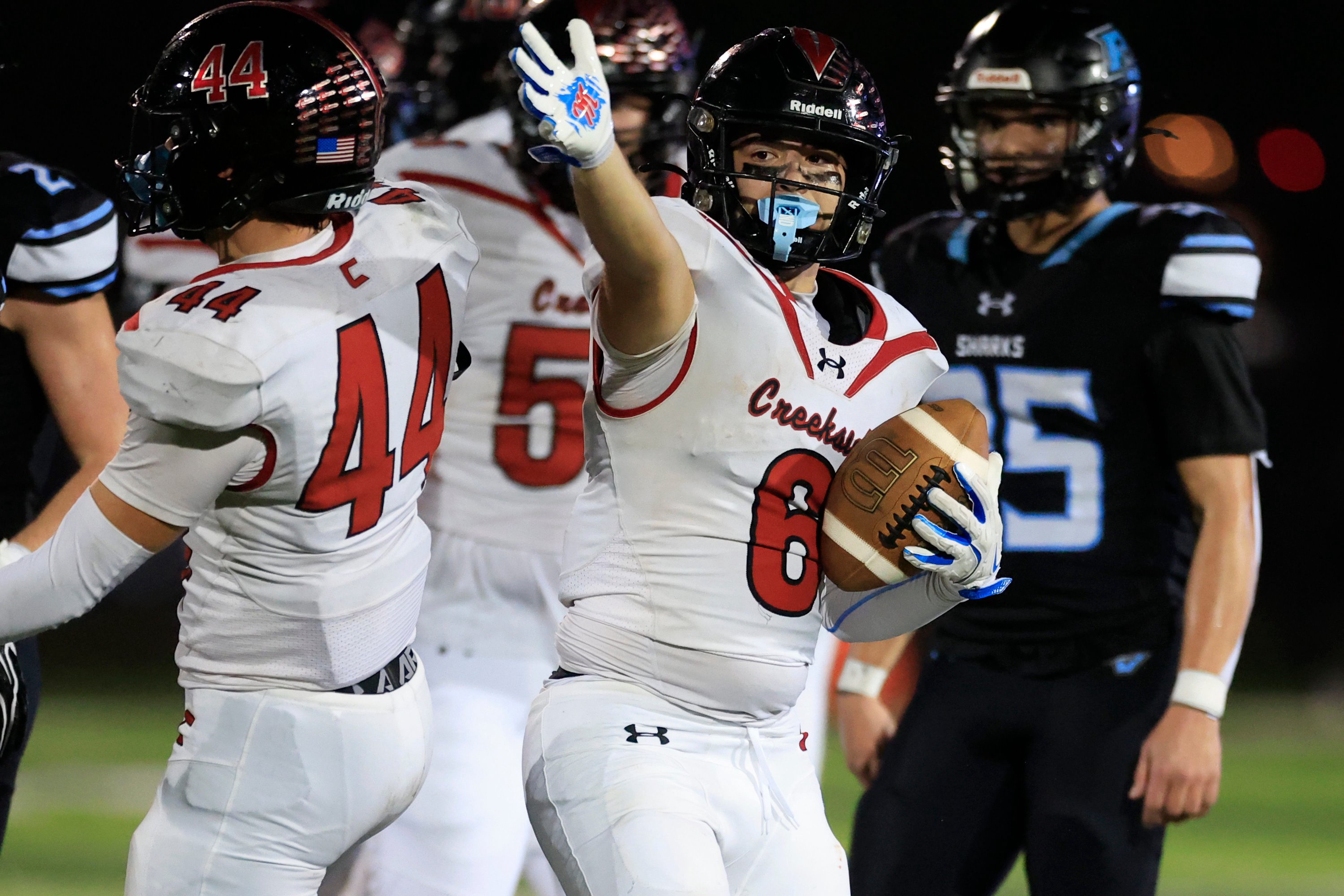 Creekside's Blake Weeks (6) signals a first down pickup during the third quarter of a high school football matchup on Friday, Oct. 30, 2026, in Ponte Vedra Beach, Fla. The Creekside Knights held off the Ponte Vedra Sharks 49-18.