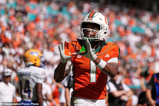 Miami wide receiver Malachi Toney celebrates after scoring a touchdown during the second half of an NCAA college football game against Pittsburgh, Saturday, Oct. 24, 2026, in Miami Gardens, Fla. (AP Photo/Rebecca Blackwell)