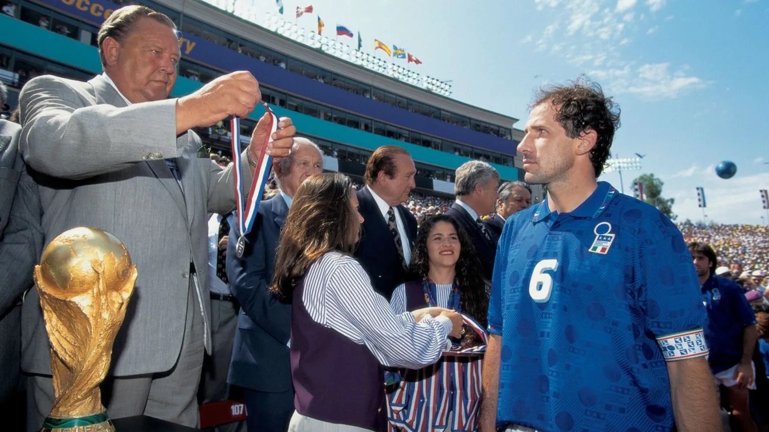 Peter Robinson/Alamy Italian captain Franco Baresi is handed a runners up medal during the 1994 World Cup Final. 