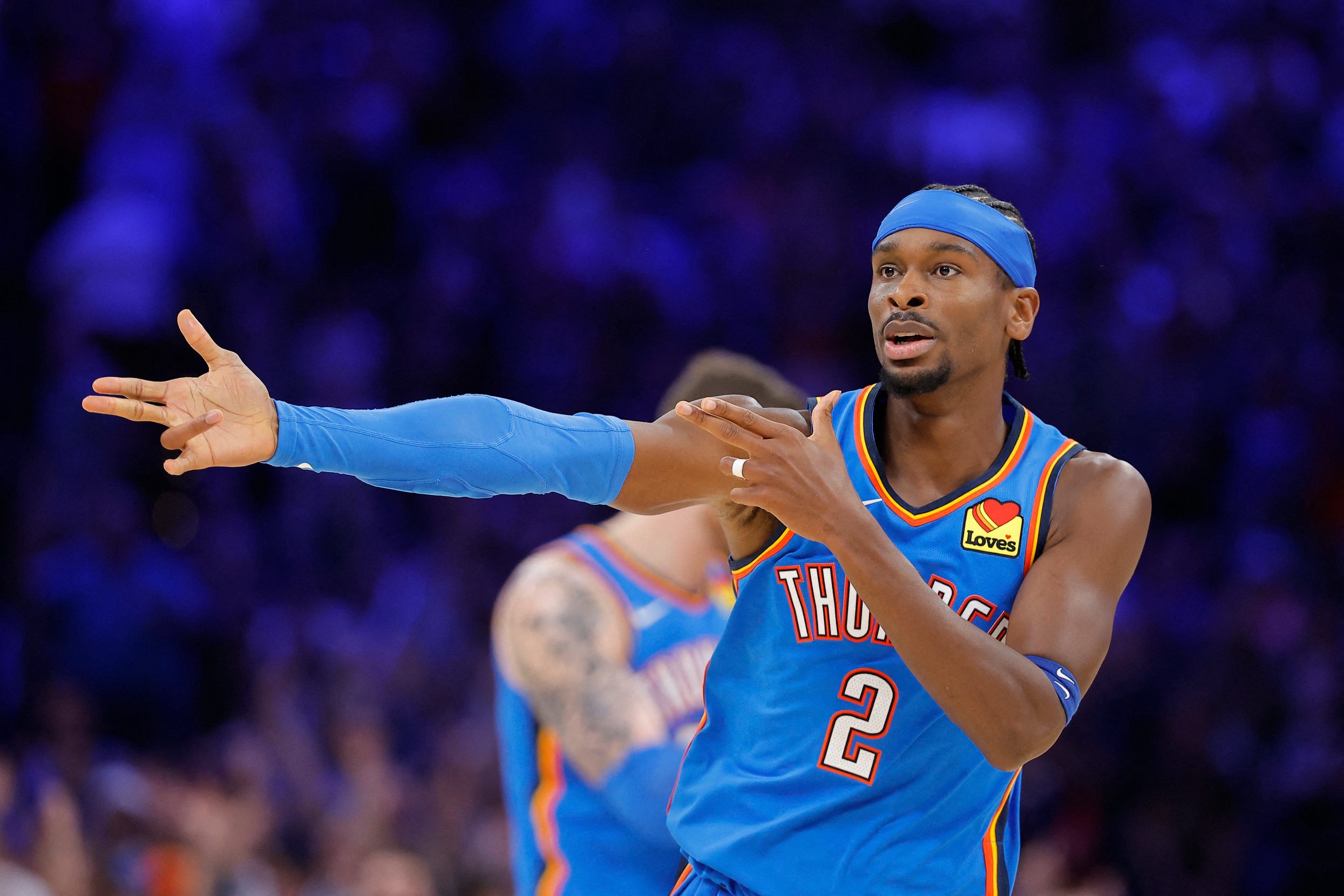 Oct 22, 2026; Oklahoma City, Oklahoma, USA; Oklahoma City Thunder guard Shai Gilgeous-Alexander (2) gestures to fans after scoring against the Denver Nuggets during the fourth quarter at Paycom Center. Mandatory Credit: Alonzo Adams-Imagn Images