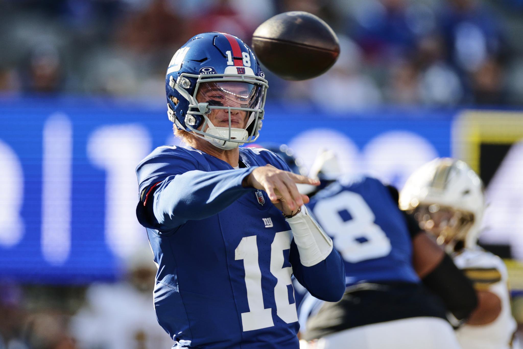 New York Giants quarterback J.J. McCarthy (18) throws during the second half of an NFL football game against the New Orleans Saints in East Rutherford, N.J., Sunday, Oct. 18, 2026.