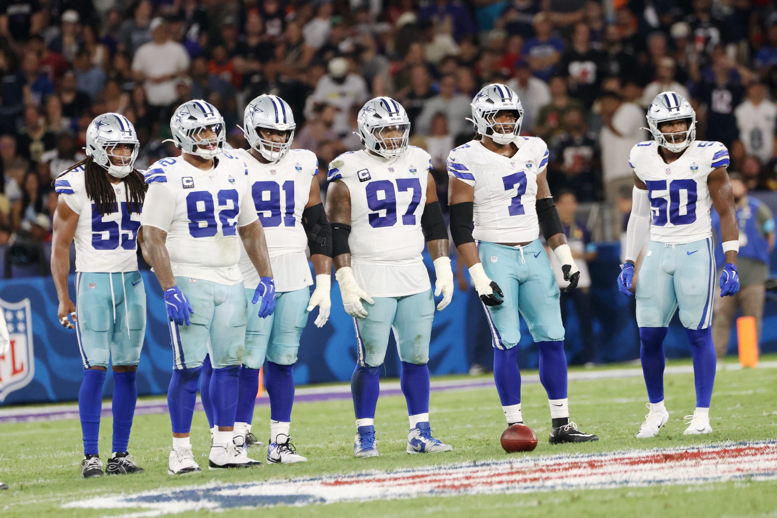 Football - NFL - Baltimore Ravens v Dallas Cowboys - Estadio Maracana, Rio de Janeiro, Brazil - September 27, 2026 Dallas Cowboys' Jaishawn Barham, Quinnen Williams, Otito Ogbonnia, Kenny Clark, Rashan Gary and Shemar James look on REUTERS/Sergio Moraes