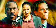 Eddie Murphy's Axel pointing his gun, Kevin Bacon looking smarmy as Cade and Taylour Paige as Jane