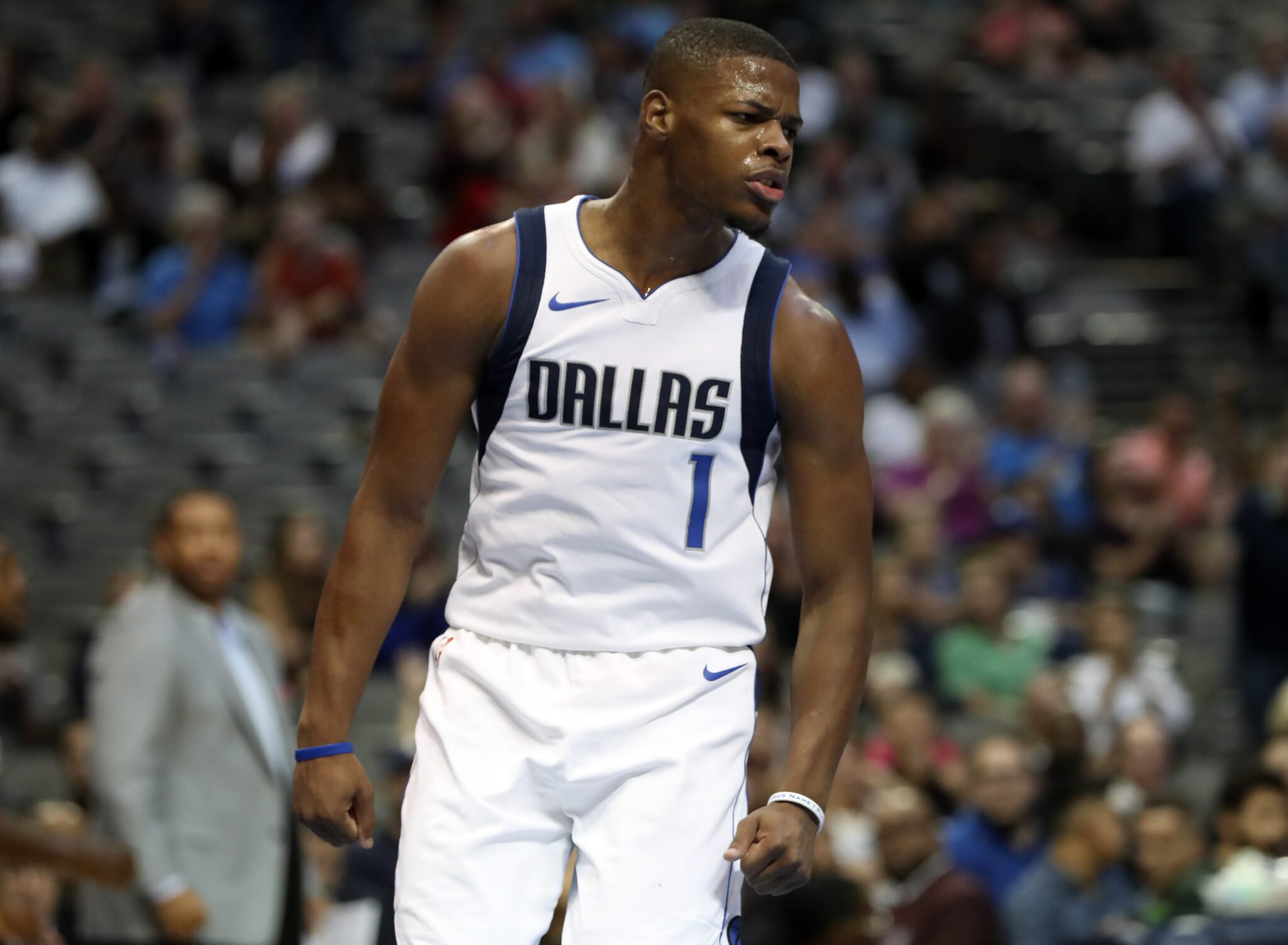 Oct 9, 2017; Dallas, TX, USA; Dallas Mavericks guard Dennis Smith Jr. (1) reacts after dunking during the first half against the Orlando Magic at American Airlines Center. Mandatory Credit: Kevin Jairaj-USA TODAY Sports