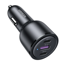A render of the UGreen 69W USB-C car charger on a transparent background. 
