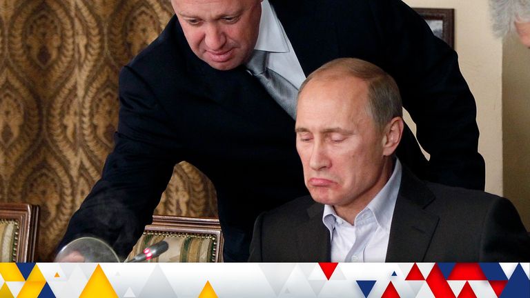 Wagner Group owner Yevgeny Prigozhin, top, serves food to Vladimir Putin at Prigozhin's restaurant in 2011. Pic: AP
