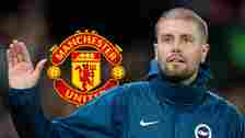 Brighton boss Fabian Hurzeler with a Man Utd badge